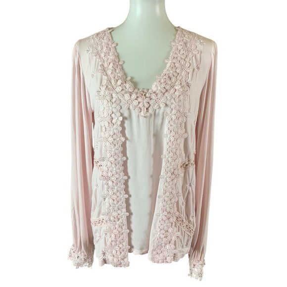 Freckled Poppy POL Pink Lace Crochet Boho Cardigan Sweater Medium - Picture 1 of 5